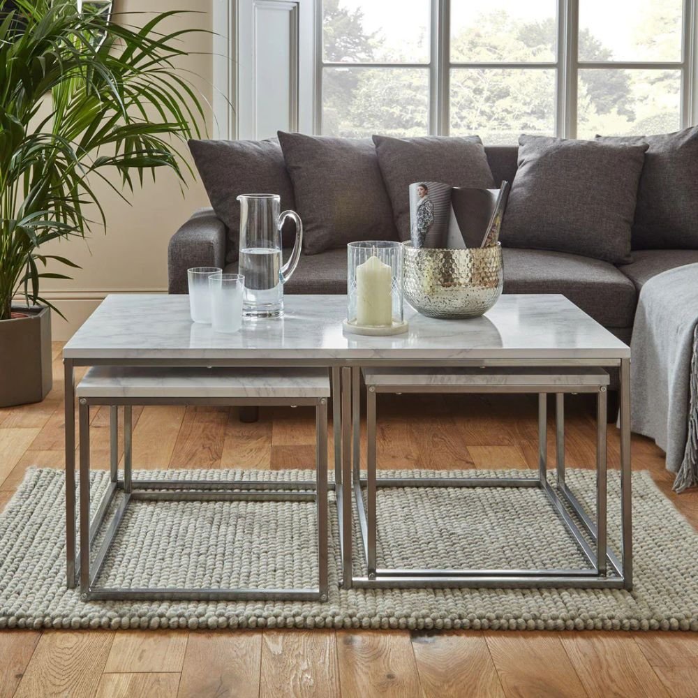 Beverley Marble Effect Coffee Table Set in Chrome Frame