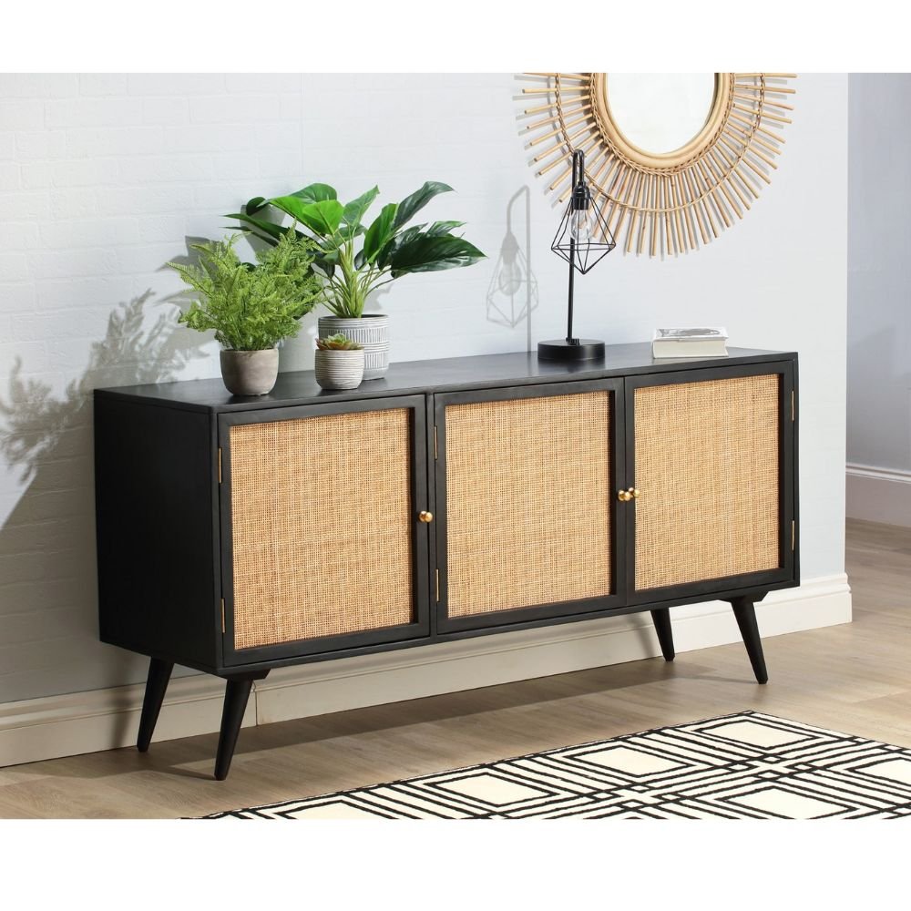 Bicester Spacious Black Rattan TV Cabinet with 3 Doors