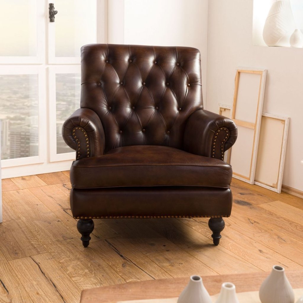 Chesterfield Leather Single Seater Sofa, Dark Brown