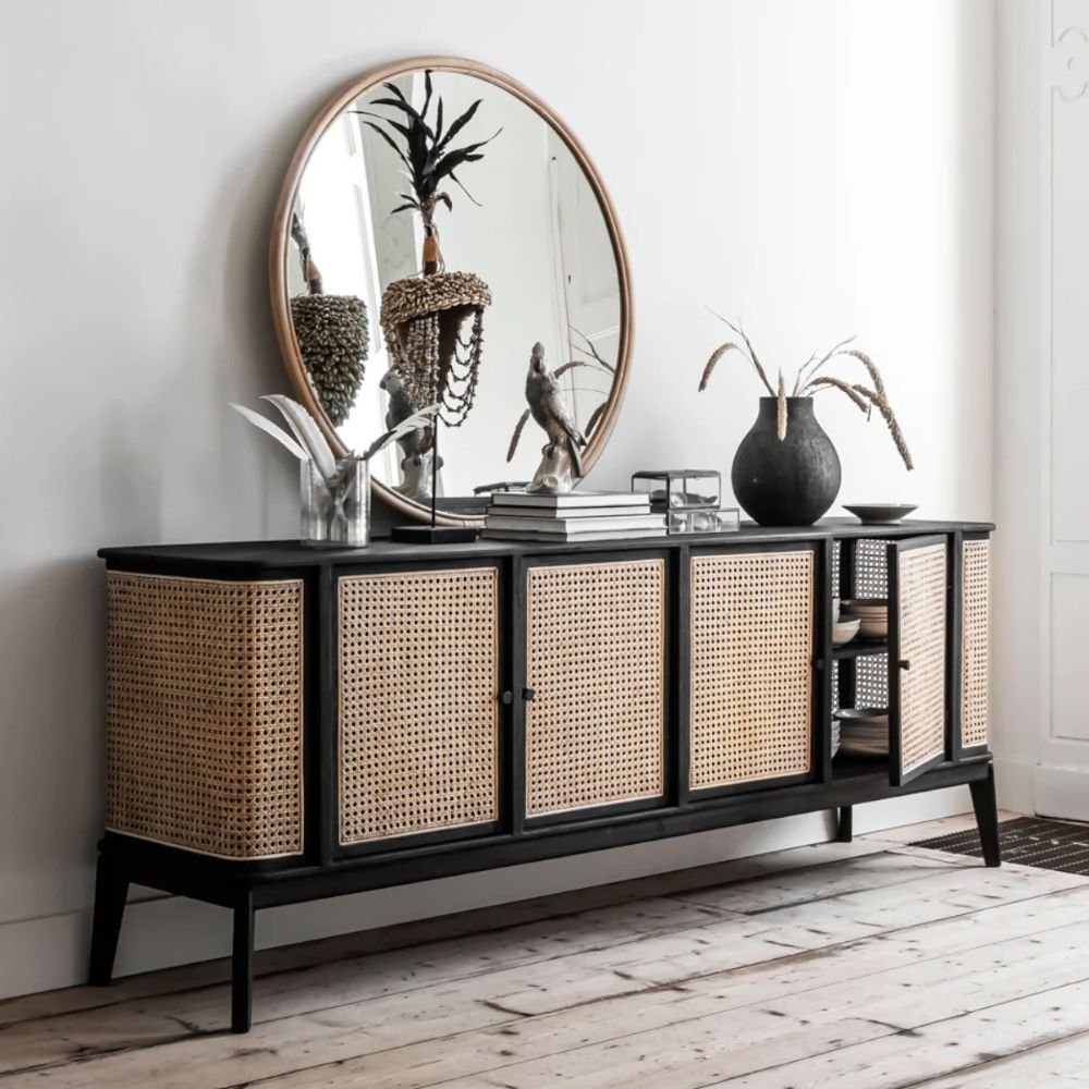 Debenham Solid Wood TV Unit and Console Table with Rattan Cane