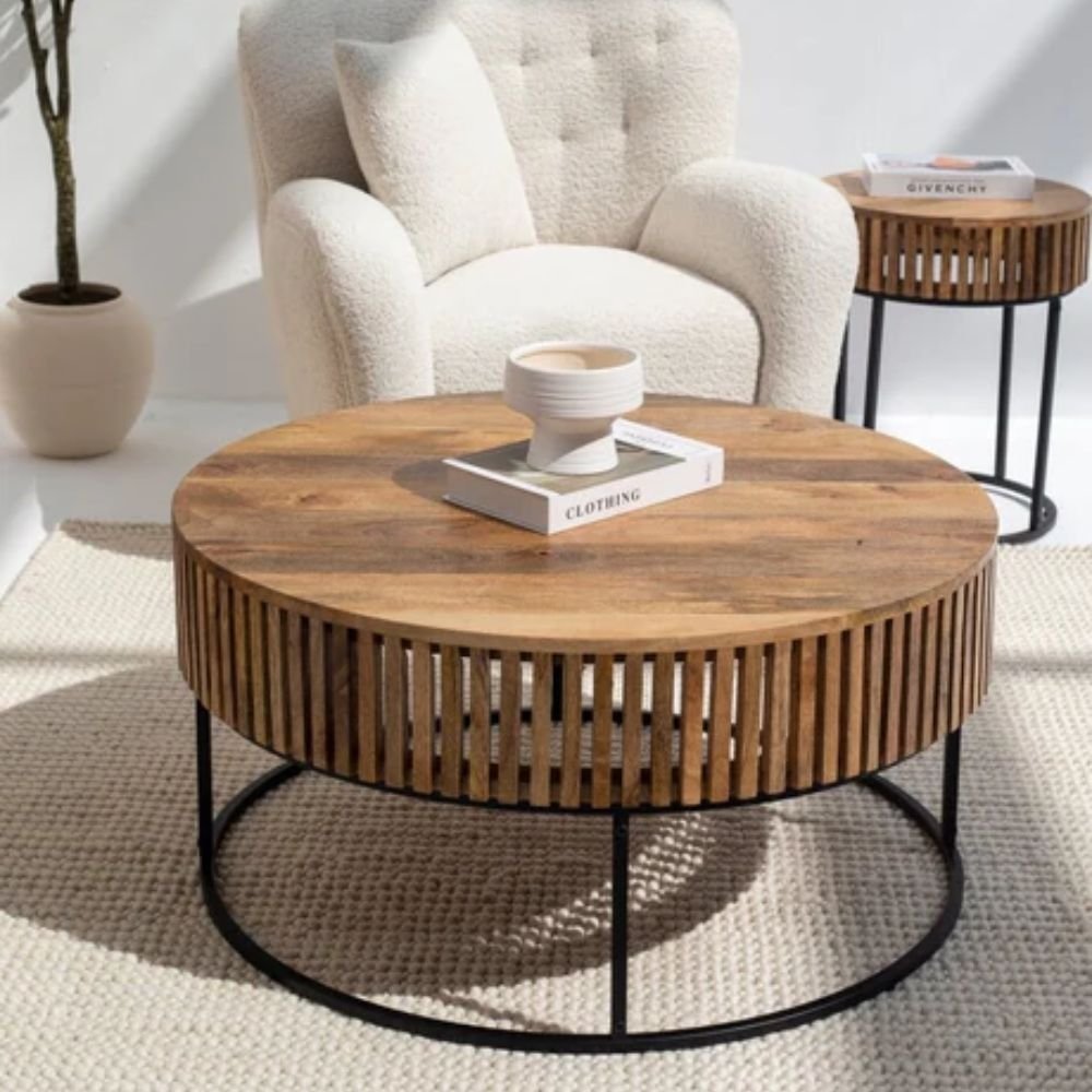 Dorking Mango Wood Round Coffee Table with Black Metal Base