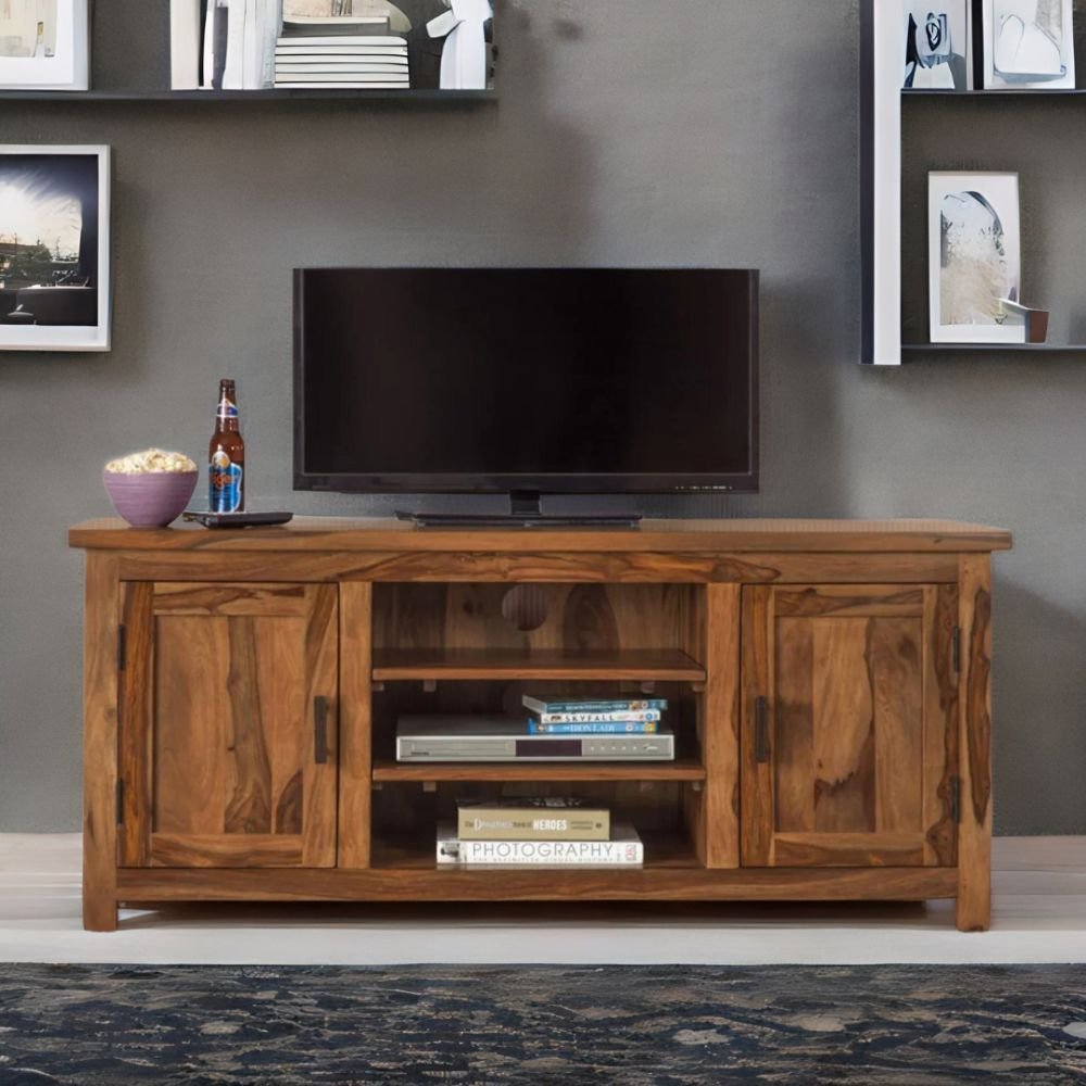 Dunster solid wood TV unit with storage and open shelves