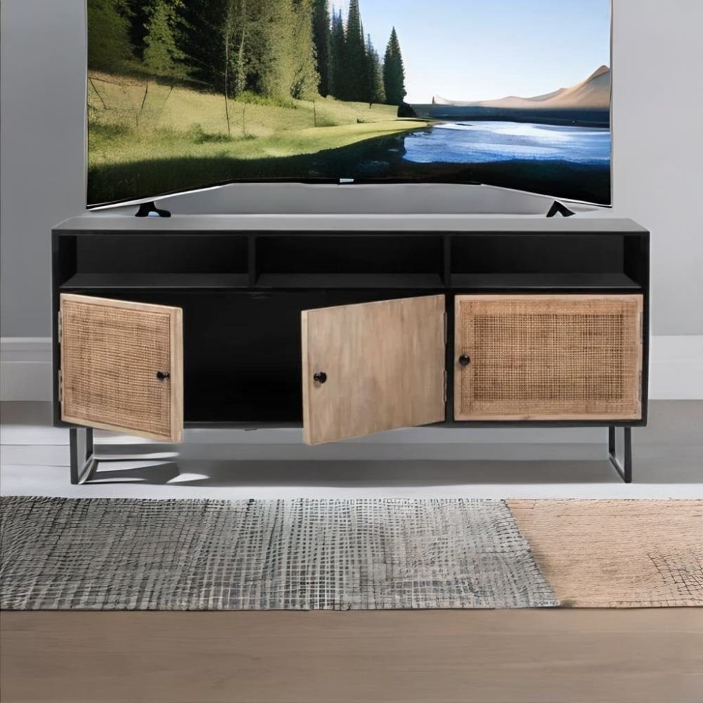 Hartley Solid Wood TV Unit with Rattan Cane Panels