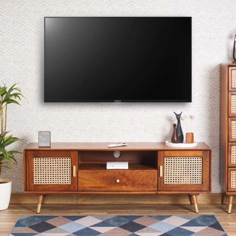 Horsham Solid Wood Rattan Cane TV Cabinet - Brown Finish