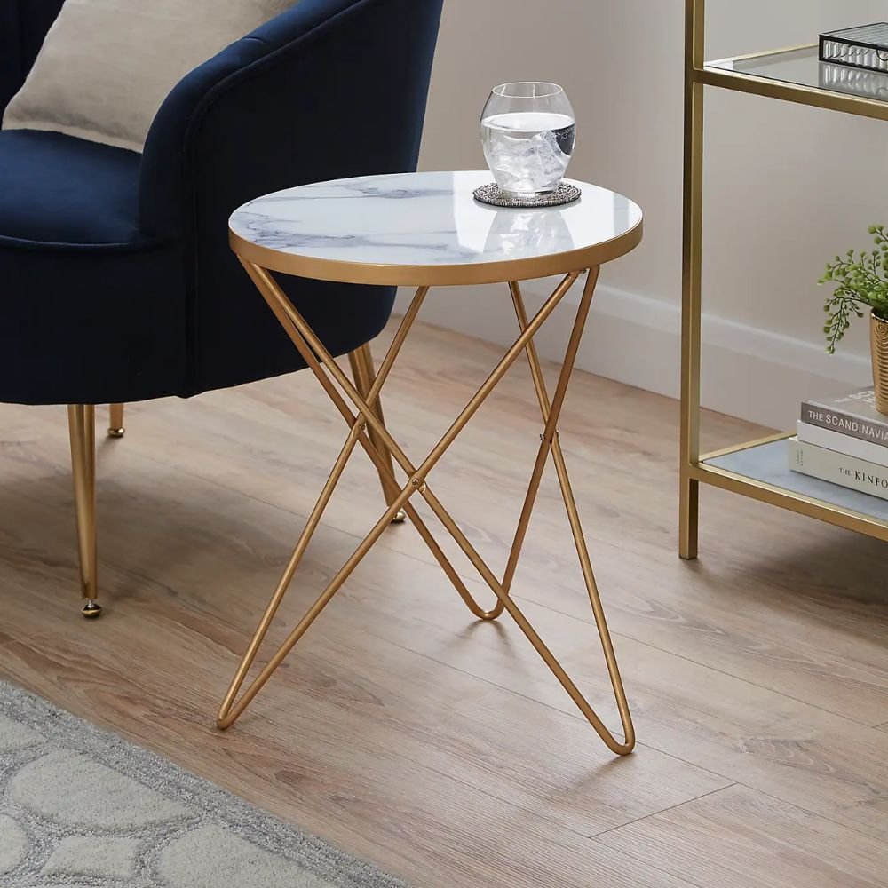Keswick Modern Round Side Table, End Table with Marble Effect