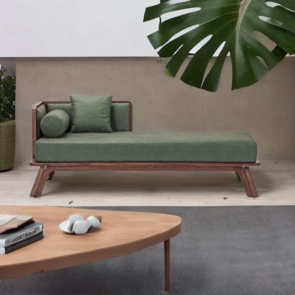 Moreton Sheesham Wood Sofa and Fabric Brown and Green Chaise