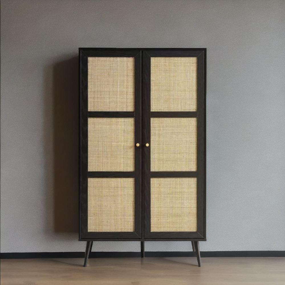 Oakham Solid Wood Rattan Black Finish 2 Door Wardrobe
