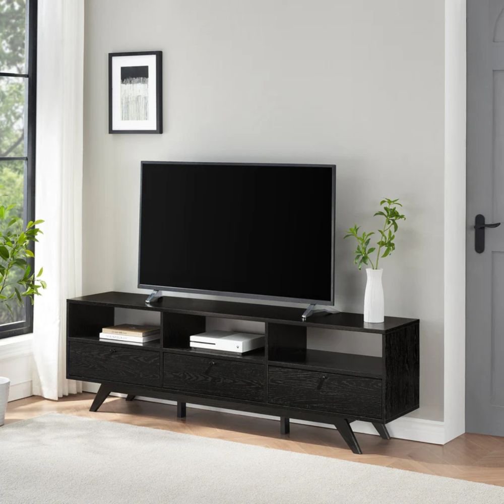 Olney Black 3-Door Rattan TV Stand TV Unit