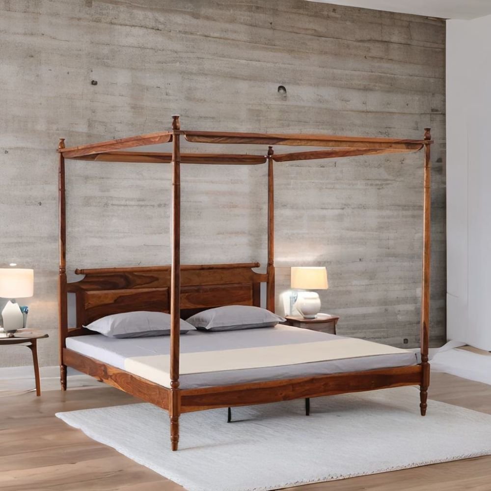 Padstow Sheesham Wood King Size Poster Bed In Honey Oak Finish