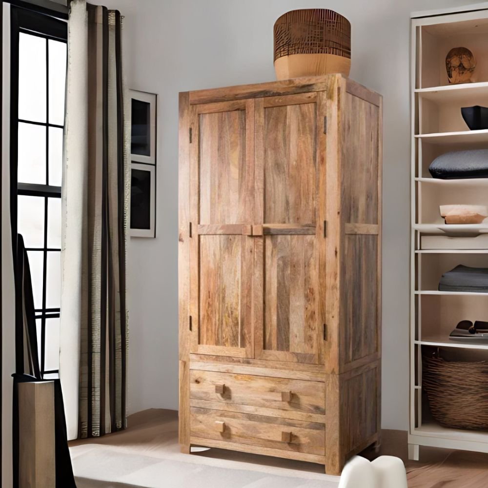 Saffron Mango Wood Wardrobe With 2 Drawers Storage