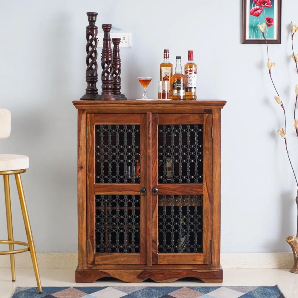 Settle Sheesham Wood Bar Cabinet - Teak Finish