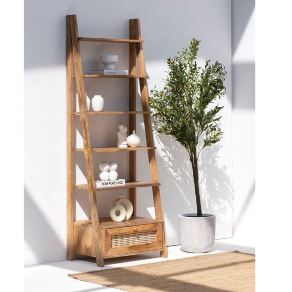 Settle Wooden Bookcase with Rattan Drawer