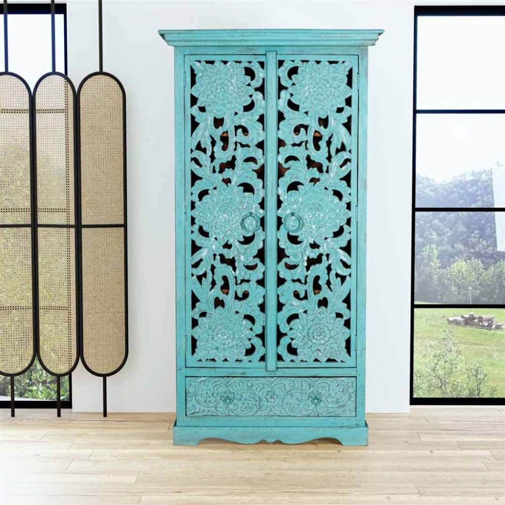 Sudbury Mint Carved Wooden Wardrobe For Room