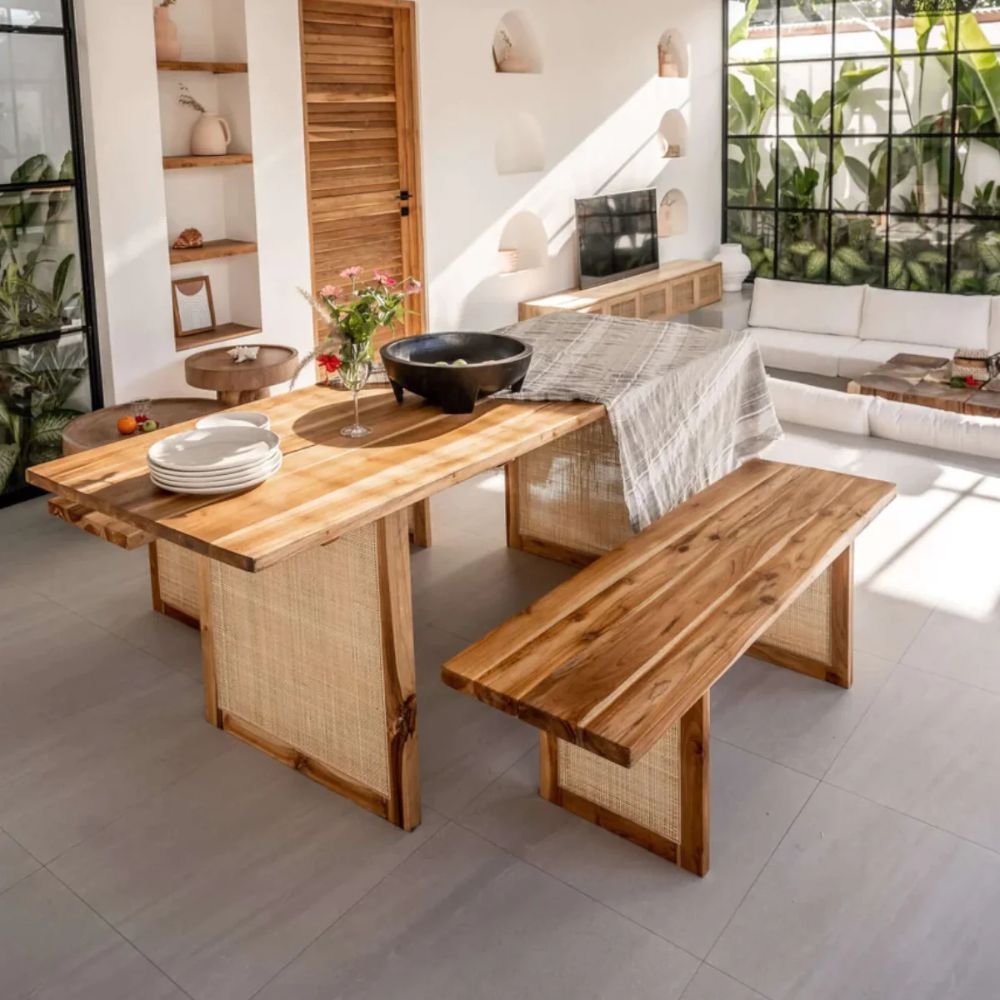 Swanage 6 Seater Sheesham Wood & Rattan Dining Table Set