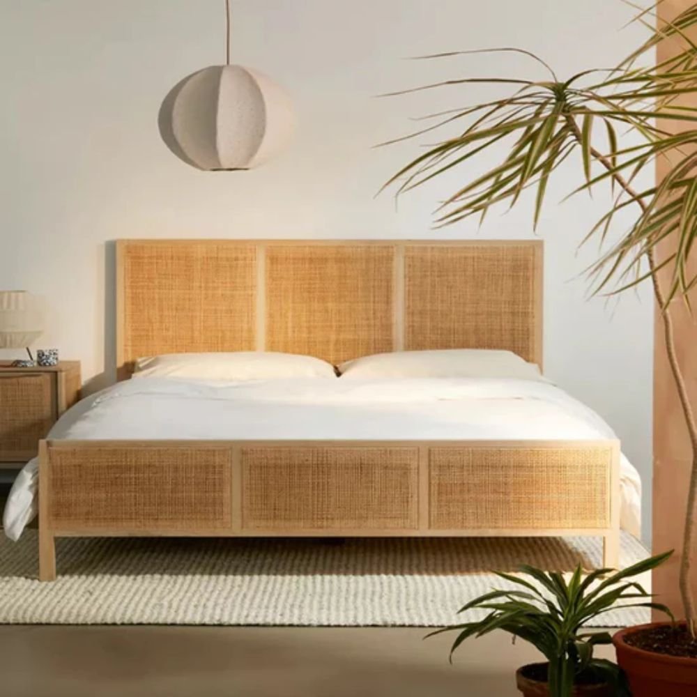 Topsham Solid Wood Rattan Bed - Natural Finish