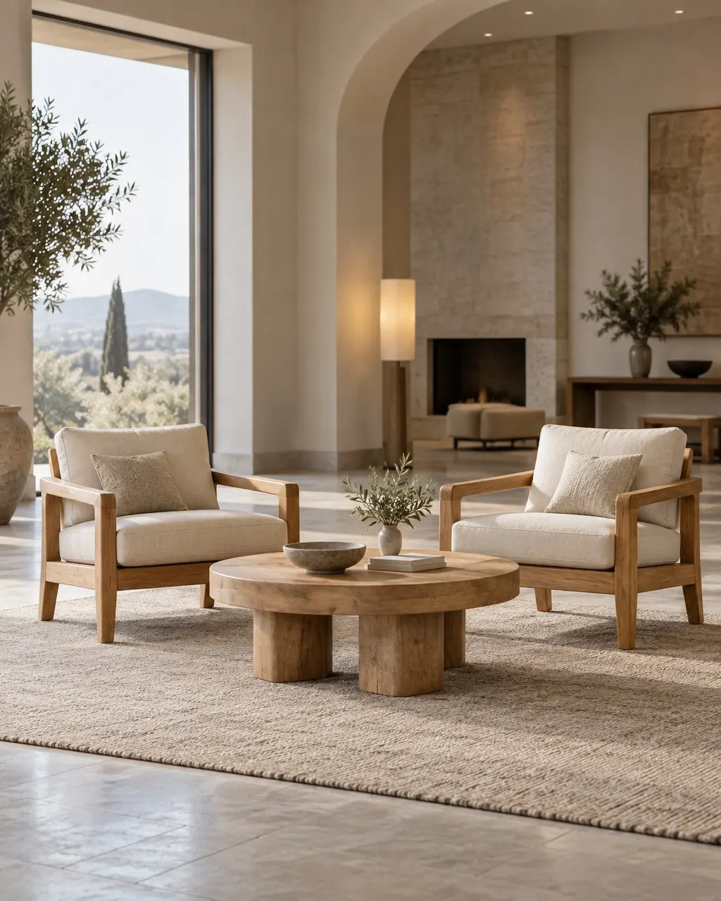 Mango-wood armchairs and a round coffee table in a sunlit hospitality lounge