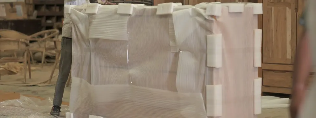 A finished cabinet being wrapped and corner-blocked for export at Wood Factory