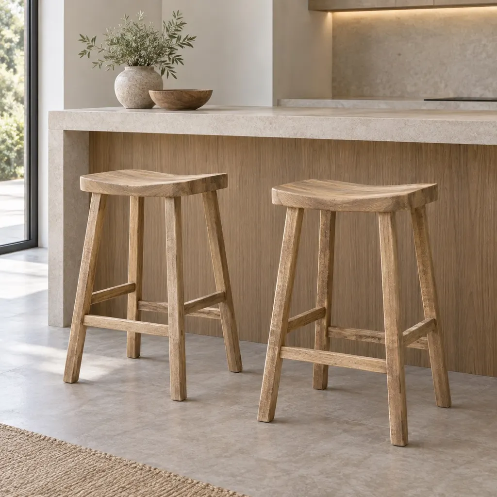 Mango-wood saddle-seat bar stools at a kitchen island