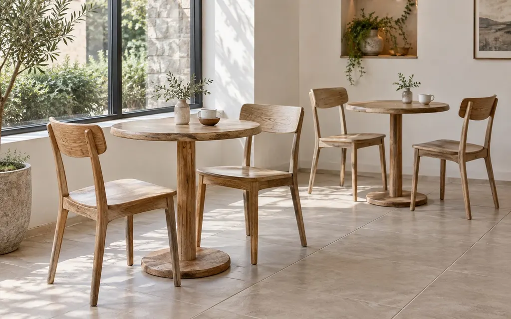 Mango-wood bistro tables and chairs in a café