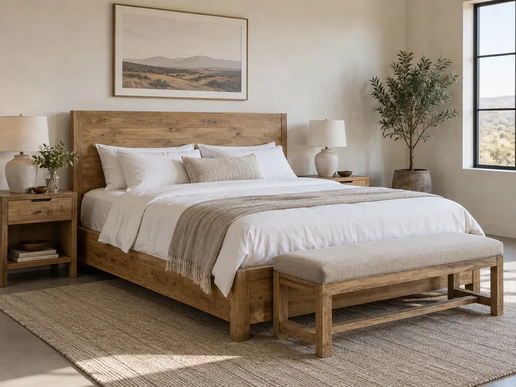 Mango-wood bed and nightstands in a hotel bedroom