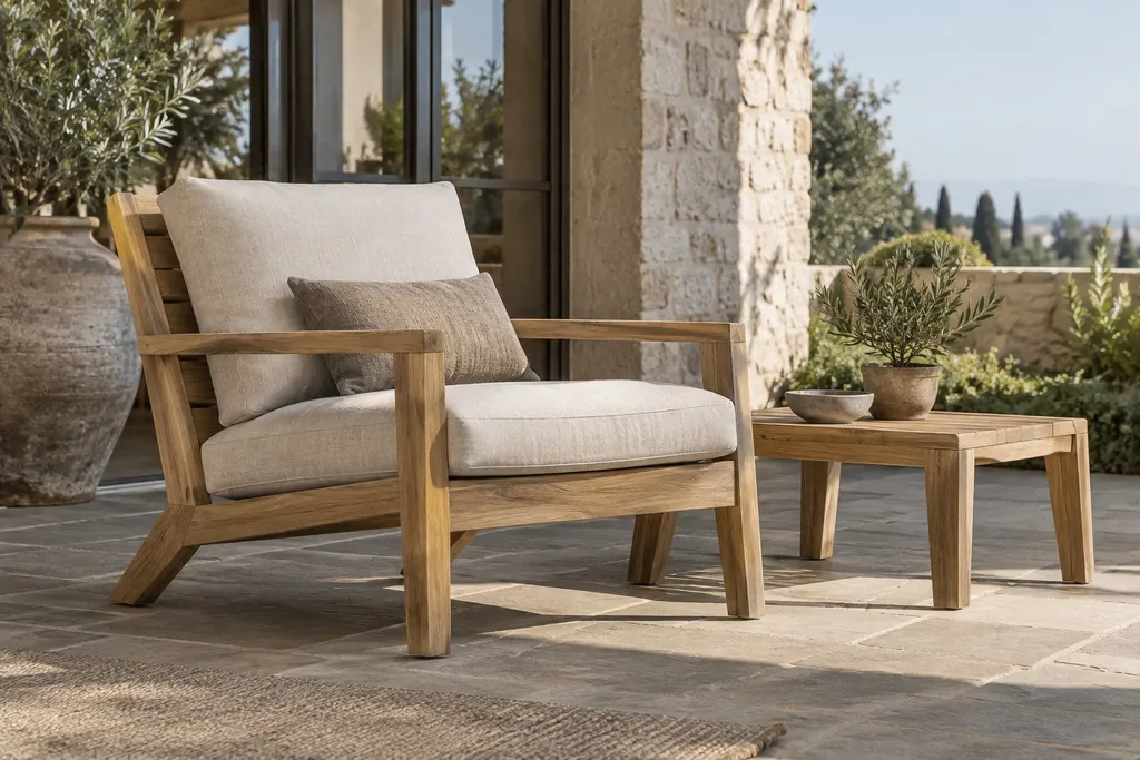 Timber lounge chair and side table on a sheltered terrace