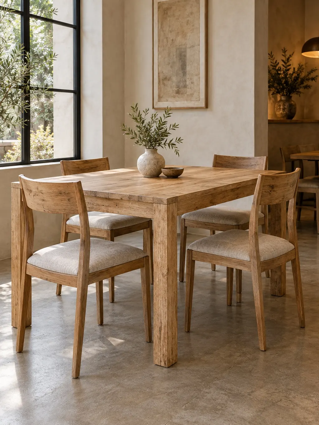 Mango-wood dining table and chairs in a restaurant interior