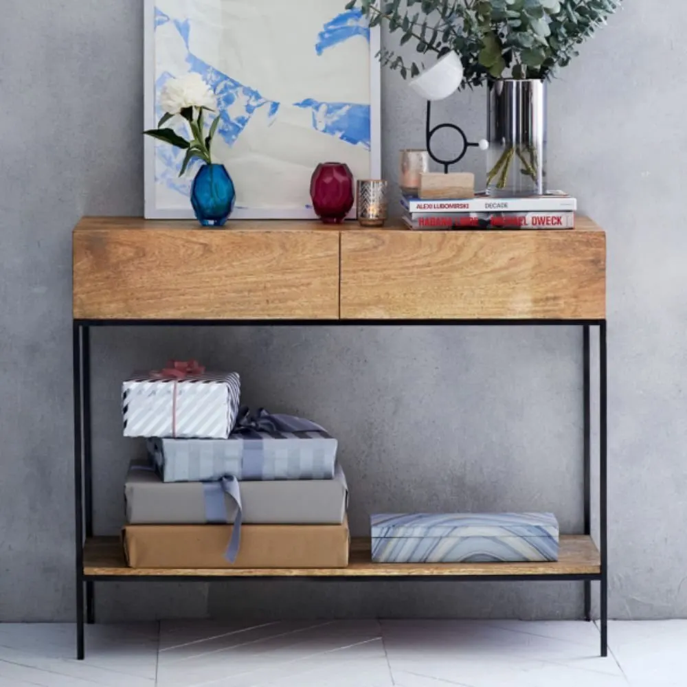 Bicester Slim 2 Drawer Console Table Modern Solid Wood Hallway Table