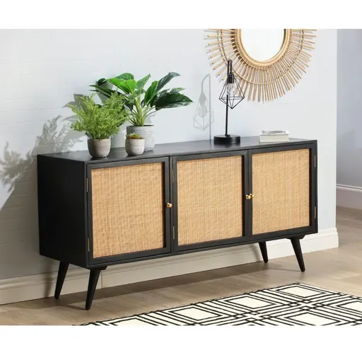 Bicester Spacious Black Rattan TV Cabinet with 3 Doors