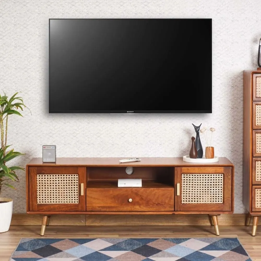 Horsham Solid Wood Rattan Cane TV Cabinet - Brown Finish
