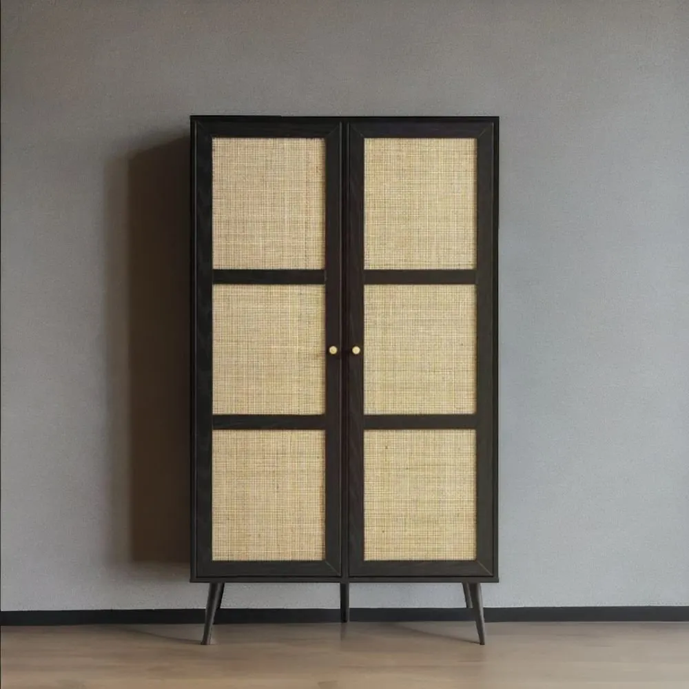 Oakham Solid Wood Rattan Black Finish 2 Door Wardrobe