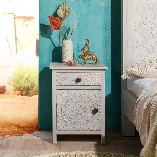 Persia Carved White Bedside Table, Right Opening