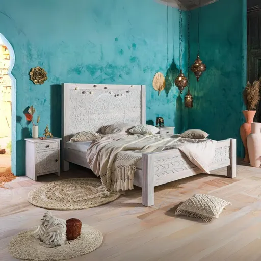 Persia Carved White Wooden Bed