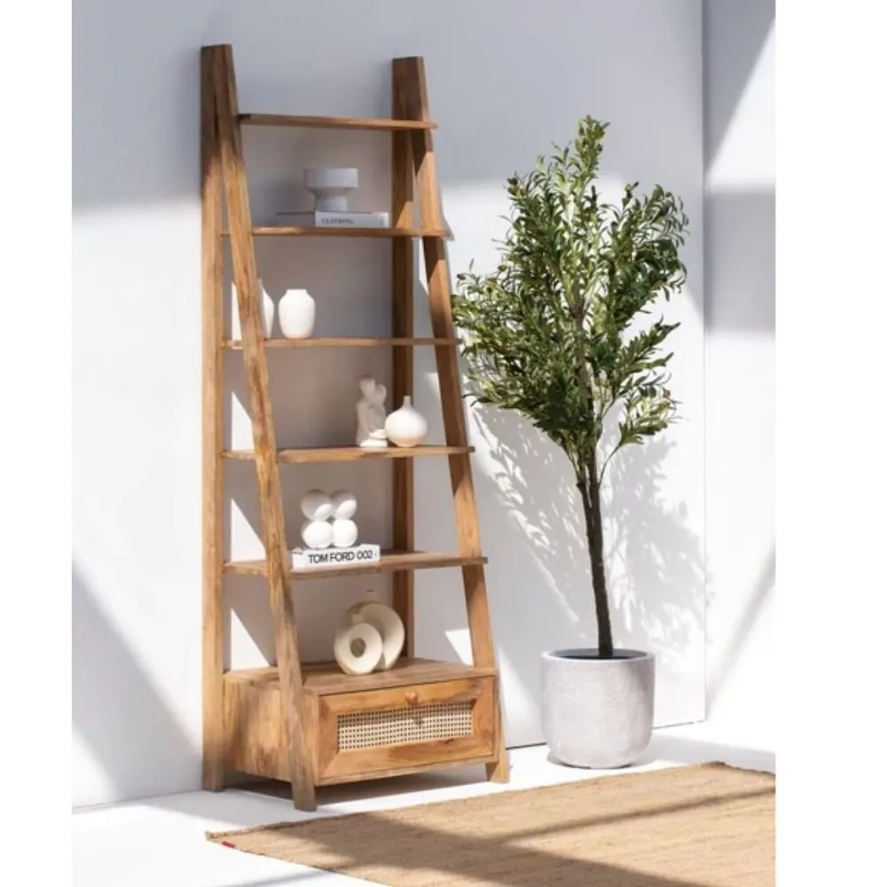 Settle Wooden Bookcase with Rattan Drawer