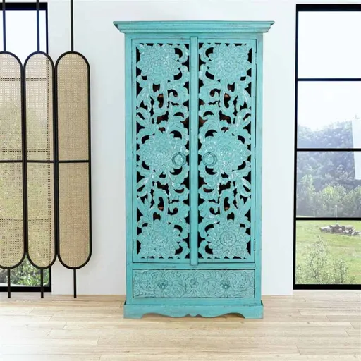 Sudbury Mint Carved Wooden Wardrobe For Room