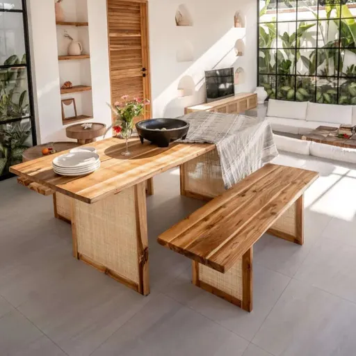 Swanage 6 Seater Sheesham Wood & Rattan Dining Table Set