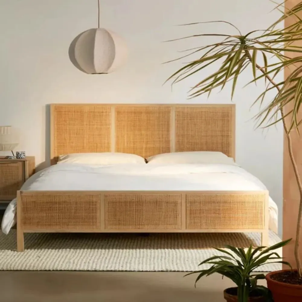 Topsham Solid Wood Rattan Bed - Natural Finish