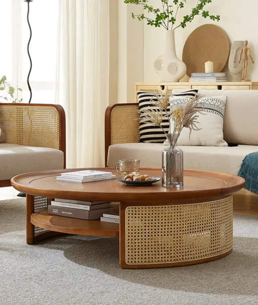 Wood Factory Viktor Premium Round Coffee Table with Natural Cane #23